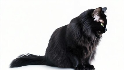 Poster - A black cat with bright green eyes sits calmly on a white surface, ready to pounce
