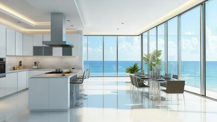 Poster - A modern kitchen with a beautiful view of the ocean, perfect for cooking up a storm while taking in the breathtaking scenery