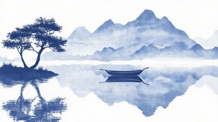 Poster - A boat floats on the surface of a calm lake, accompanied by a towering tree