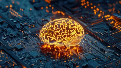 Poster - An image of a computer motherboard with a glowing brain component, suitable for use in illustrations about technology and innovation