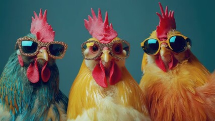Aufkleber - A group of chickens wearing sunglasses stacked on top of each other, a playful and humorous scene