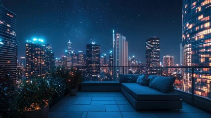 Poster - A couch sitting on the rooftop of a high-rise building, surrounded by tall skyscrapers