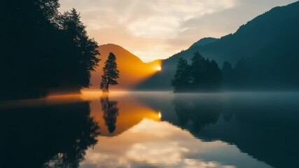 Poster - A serene lake scene with mist rising as the sun sets in the background