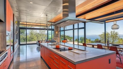 Poster - A contemporary kitchen with a large island and a view of the ocean, perfect for a coastal home