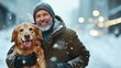 © svastix - A cheerful bearded man hugs his golden retriever against a snowy city backdrop, embodying warmth and companionship during a cold winter day, creating a joyful scene.