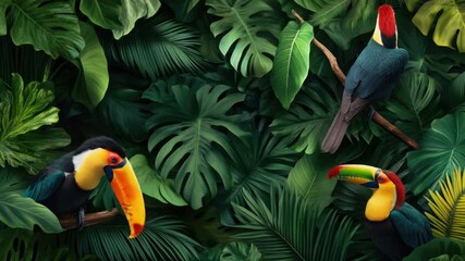 Poster - A group of birds sit atop lush green trees, blending into the foliage