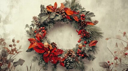 Aufkleber - A festive Christmas decoration featuring pine cones and poinsettias, perfect for holiday celebrations