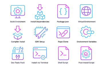 Neon icons for software development and setup in vibrant colors