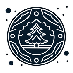 Poster - Minimalist tree in decorative circle frame with mountains and dots in a serene monochrome nature graphic