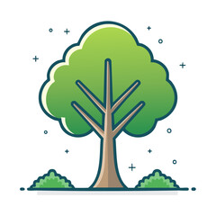 Poster - Stylized Tree Illustration with Shrubs Night Sky Icon Design Nature Scene Vector
