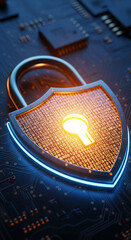 Poster - Metallic padlock on circuit board, glowing keyhole, binary code on shield, symbolizes digital security, data protection, cybersecurity