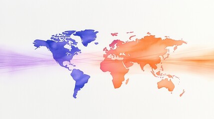 Poster - Colorful World Map Design with Abstract Waves in Purple and Orange Hues for Modern Decor and Business Concepts
