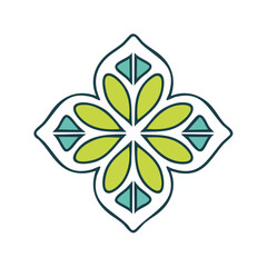 Poster - Abstract Floral Motif Design: Green Petals and Turquoise Triangles on Black