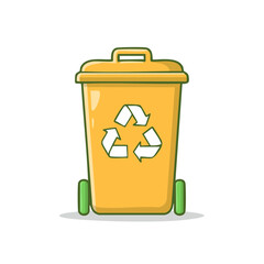 Poster - Vibrant Yellow Recycling Bin with Green Wheels and Recycle Symbol Isolated on Black Background