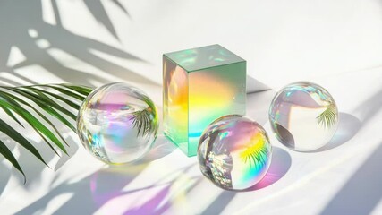 Poster - Three transparent spheres sit beside a palm frond, showcasing the beauty of simplicity