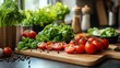 © iam - Freshly harvested tomatoes and herbs on a wooden cutting board.
