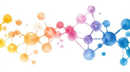 Poster - Colorful Abstract Molecular Structure with Watercolor Effect in Orange, Pink, and Blue Shades