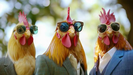 Aufkleber - A humorous scene featuring two chickens perched on top of each other, both wearing trendy sunglasses