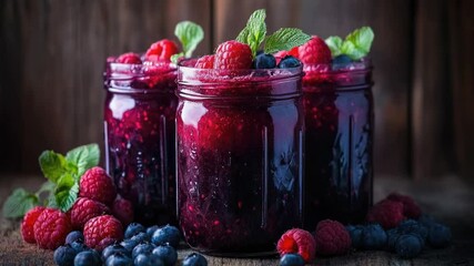 Poster - A selection of fresh raspberries and blueberries arranged on a table, perfect for use in food or kitchen related contexts