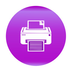 Poster - White printer icon on purple circle prints paper sheet, office equipment, vector design