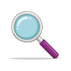 Poster - Cartoon magnifying glass illustration showing search, exploration, and investigation with blue lens and purple handle on black background