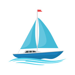 Poster - Illustration of a blue sailboat sailing across the ocean waters with a red flag on top isolated on black