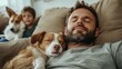 © svastix - A peaceful scene of a father and child relaxing on a couch, accompanied by a gentle dog, embodying warmth, family love, and cherished moments of relaxation.