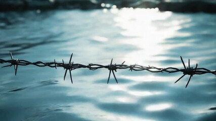 Poster - A close-up view of a barbed wire fence with sharp wires and rusty metal