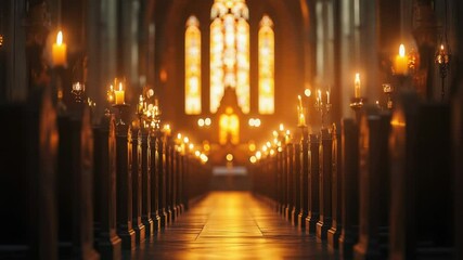 Poster - A row of wooden pews in a traditional church setting