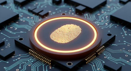 Poster - Glowing orange fingerprint sensor on dark circuit board, showcasing modern technology and biometric security, symbolizing digital identity and access control