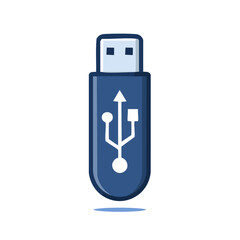 Poster - Cartoon illustration of blue USB drive showing the data transfer symbol representing digital information storage and data transfer on a black background