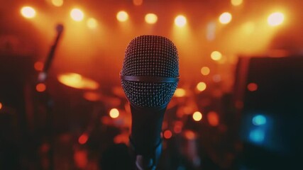 Aufkleber - A professional microphone placed in front of a stage lit by bright lights, ready for performance