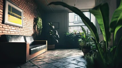 Aufkleber - A cozy living room with a couch and plants