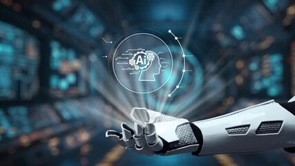 Poster - A robotic hand extends forward, presenting concepts of generative AI and data visualizations in a futuristic setting, showcasing the intersection of technology and innovation. Auvana
