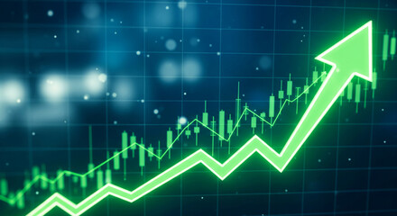 Poster - bright green arrow rising on a dark blue financial chart background, symbolizing growth, success, an