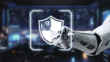 Poster - A futuristic robot hand interacts with a digital shield, representing the idea of cybersecurity within a high-tech environment. It signifies advanced protection measures. Auvana