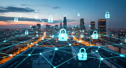Poster - Night cityscape with digital network of glowing padlocks, symbolizing cybersecurity and data protection in a modern city, showcasing technological connectivity and safety
