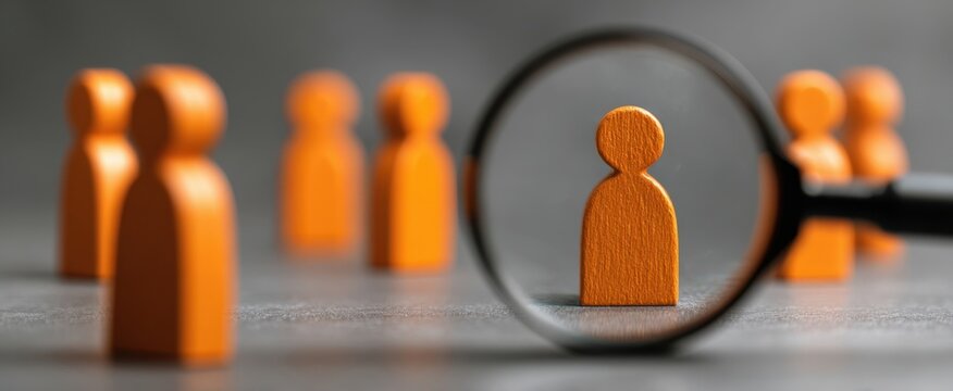 The magnifying glass highlighting an orange figure among others.