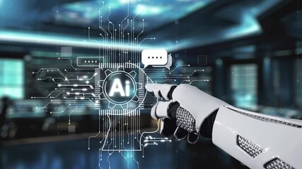 Poster - A robotic hand interacts with a digital AI interface in a high-tech control room, illustrating cutting-edge technology and the future of artificial intelligence integration. Auvana