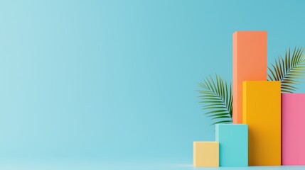 Poster - Modern Geometric Shapes with Tropical Foliage on Blue Background for Creative Design Concepts and Marketing Projects