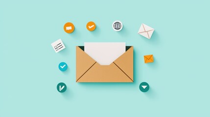 Poster - Creative Composition of an Open Envelope Surrounded by Various Communication Icons on a Bright Background