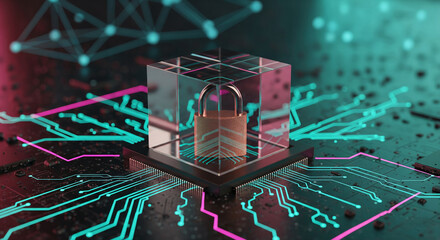 Fototapete - Padlock inside glass cube on circuit board, showcasing digital security concept.  Symbolic of data protection and cybersecurity