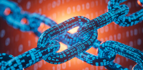 Fototapete - Close-up of a digital chain link, composed of binary code, suggesting data security or blockchain technology