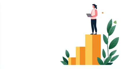 Poster - Business Growth Concept with Person Standing on Bar Chart and Using Laptop Surrounded by Green Leaves