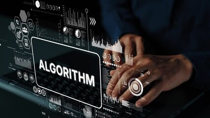 Fototapete - Hands Typing on Laptop with Algorithm Graphics and Data Visualization Elements on Screen. Asymptotic smart data analytic.