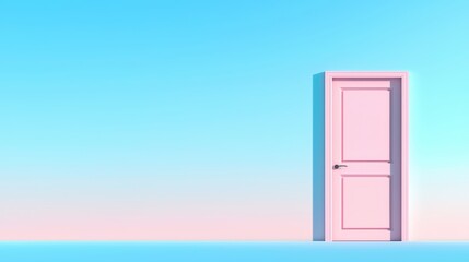 Poster - Pink Door Against Bright Blue Sky with Soft Gradient Background for Creative Design Concepts