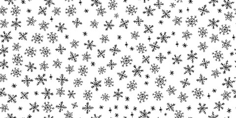 Poster - Christmas kindergarten seamless pattern of quirky back snowflakes. Blackboard style with wax and charcoal squiggle texture for Xmas wrapping, prints and decorations. Vector card illustration