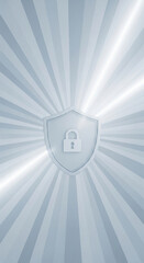 Poster - Silver shield with padlock icon on a radiant grey background, symbolizing security, protection, and digital safety, ideal for technology or cybersecurity concepts
