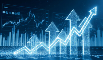 Poster - glowing blue arrows rising against a backdrop of financial charts, symbolizing growth, success, and 