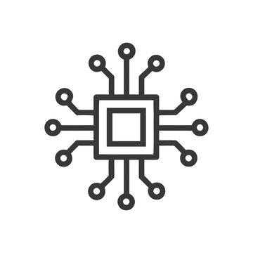Minimalist Microchip Icon: Square Core with Circular Nodes and Connector Lines